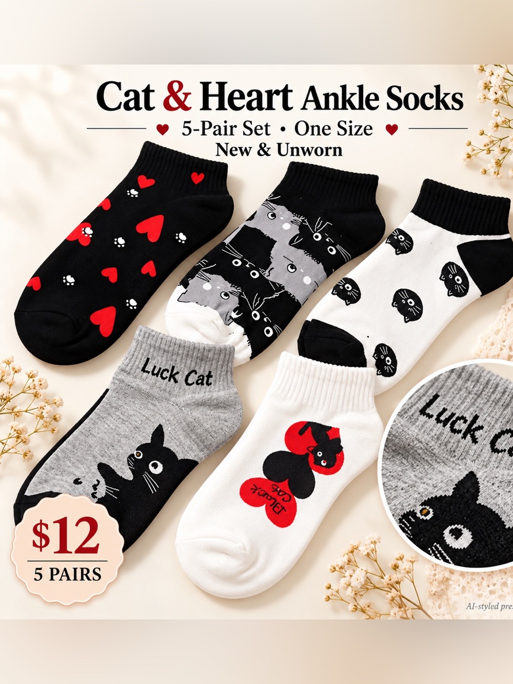 Cat Print Ankle Socks 5-Pair Set NWT